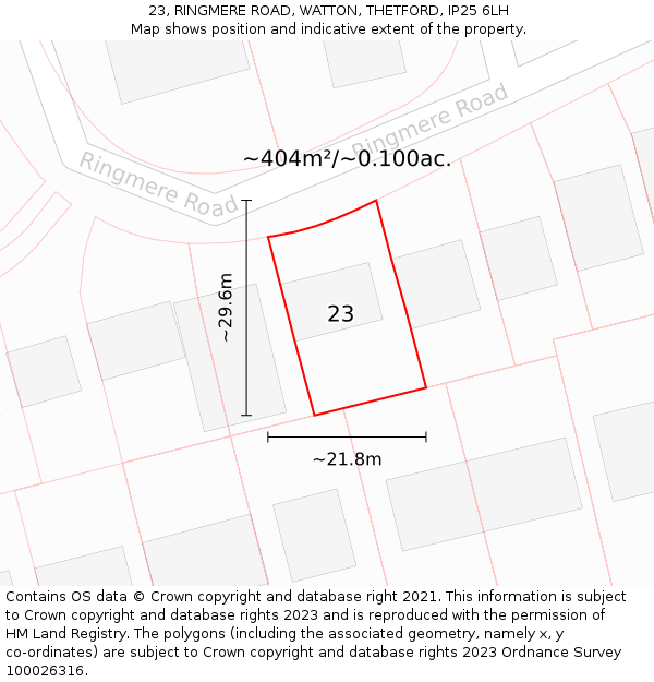 23, RINGMERE ROAD, WATTON, THETFORD, IP25 6LH: Plot and title map