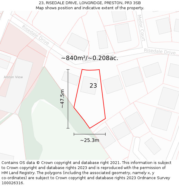 23, RISEDALE DRIVE, LONGRIDGE, PRESTON, PR3 3SB: Plot and title map