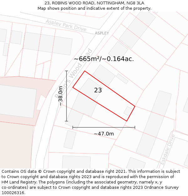23, ROBINS WOOD ROAD, NOTTINGHAM, NG8 3LA: Plot and title map