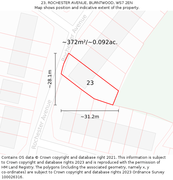 23, ROCHESTER AVENUE, BURNTWOOD, WS7 2EN: Plot and title map