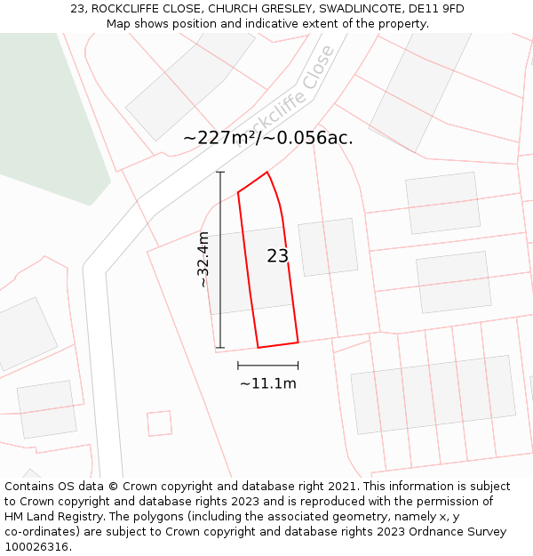 23, ROCKCLIFFE CLOSE, CHURCH GRESLEY, SWADLINCOTE, DE11 9FD: Plot and title map