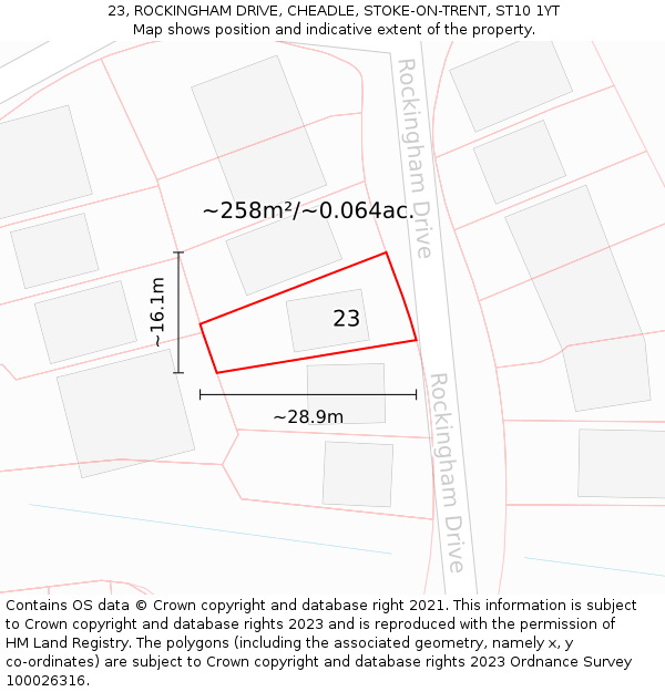 23, ROCKINGHAM DRIVE, CHEADLE, STOKE-ON-TRENT, ST10 1YT: Plot and title map