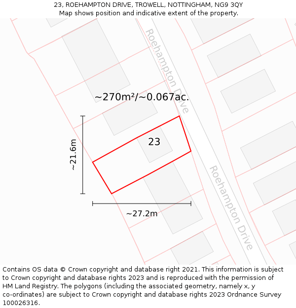 23, ROEHAMPTON DRIVE, TROWELL, NOTTINGHAM, NG9 3QY: Plot and title map