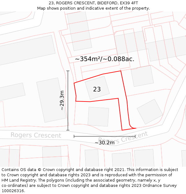 23, ROGERS CRESCENT, BIDEFORD, EX39 4FT: Plot and title map