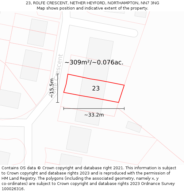 23, ROLFE CRESCENT, NETHER HEYFORD, NORTHAMPTON, NN7 3NG: Plot and title map