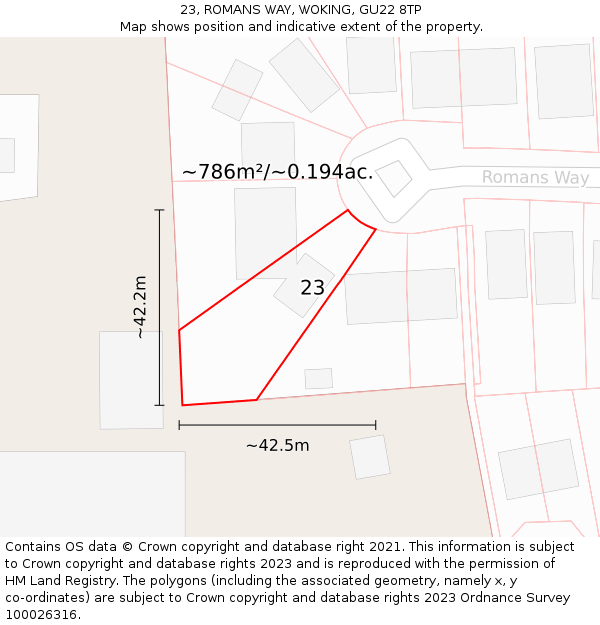23, ROMANS WAY, WOKING, GU22 8TP: Plot and title map