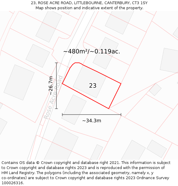 23, ROSE ACRE ROAD, LITTLEBOURNE, CANTERBURY, CT3 1SY: Plot and title map