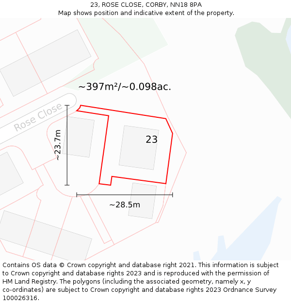 23, ROSE CLOSE, CORBY, NN18 8PA: Plot and title map