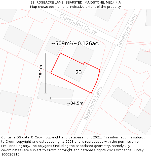 23, ROSEACRE LANE, BEARSTED, MAIDSTONE, ME14 4JA: Plot and title map