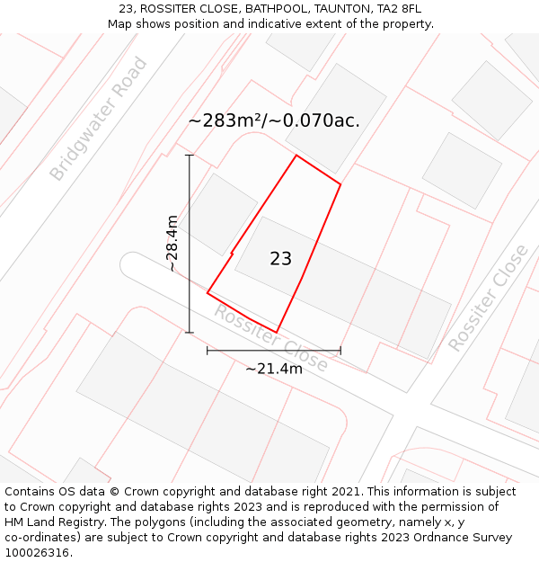 23, ROSSITER CLOSE, BATHPOOL, TAUNTON, TA2 8FL: Plot and title map