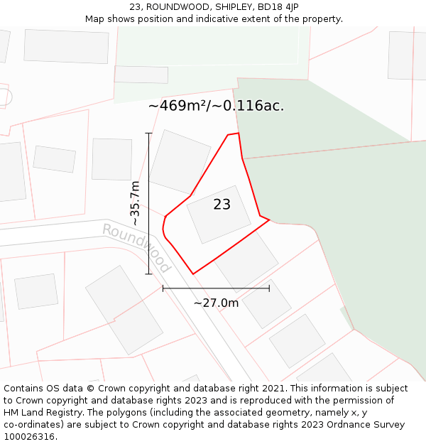 23, ROUNDWOOD, SHIPLEY, BD18 4JP: Plot and title map