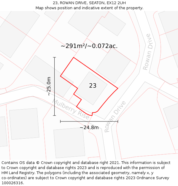 23, ROWAN DRIVE, SEATON, EX12 2UH: Plot and title map