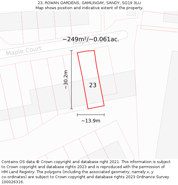 23, ROWAN GARDENS, GAMLINGAY, SANDY, SG19 3LU: Plot and title map