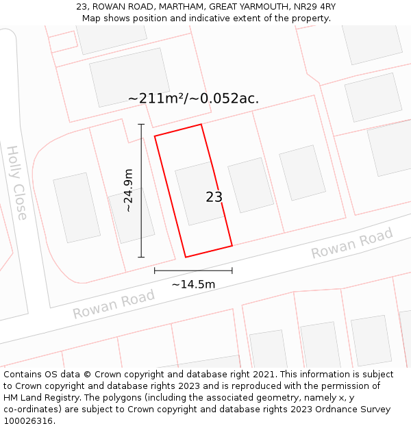 23, ROWAN ROAD, MARTHAM, GREAT YARMOUTH, NR29 4RY: Plot and title map