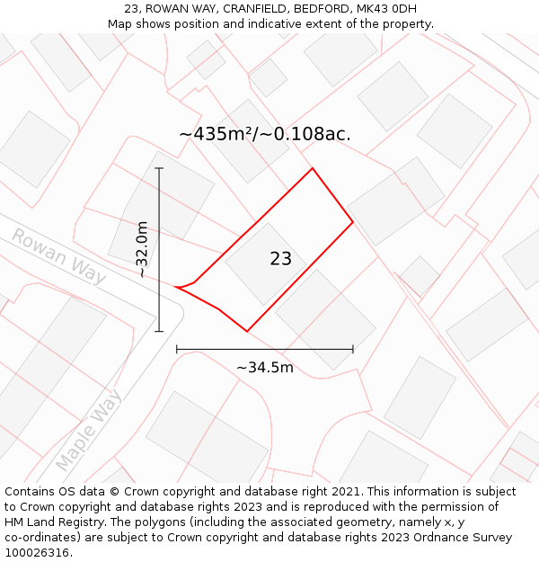 23, ROWAN WAY, CRANFIELD, BEDFORD, MK43 0DH: Plot and title map