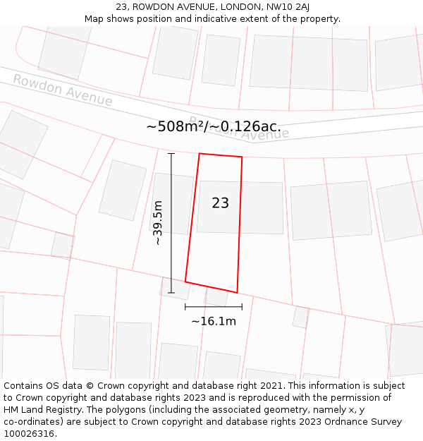 23, ROWDON AVENUE, LONDON, NW10 2AJ: Plot and title map