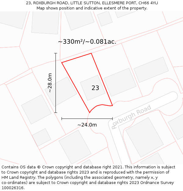 23, ROXBURGH ROAD, LITTLE SUTTON, ELLESMERE PORT, CH66 4YU: Plot and title map
