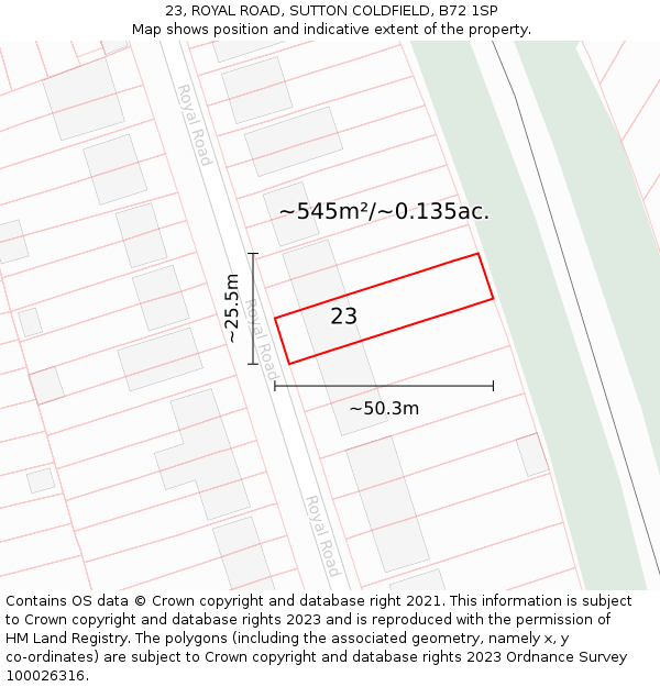 23, ROYAL ROAD, SUTTON COLDFIELD, B72 1SP: Plot and title map