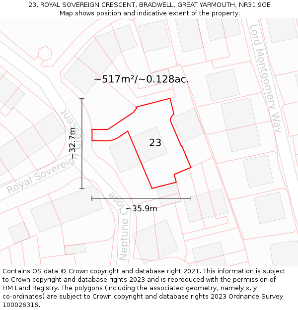 23, ROYAL SOVEREIGN CRESCENT, BRADWELL, GREAT YARMOUTH, NR31 9GE: Plot and title map
