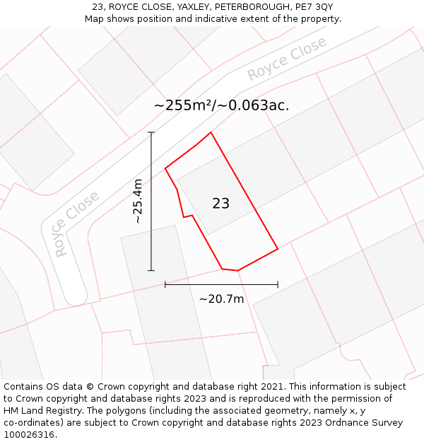 23, ROYCE CLOSE, YAXLEY, PETERBOROUGH, PE7 3QY: Plot and title map