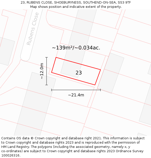 23, RUBENS CLOSE, SHOEBURYNESS, SOUTHEND-ON-SEA, SS3 9TF: Plot and title map