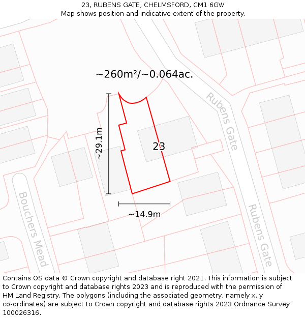 23, RUBENS GATE, CHELMSFORD, CM1 6GW: Plot and title map