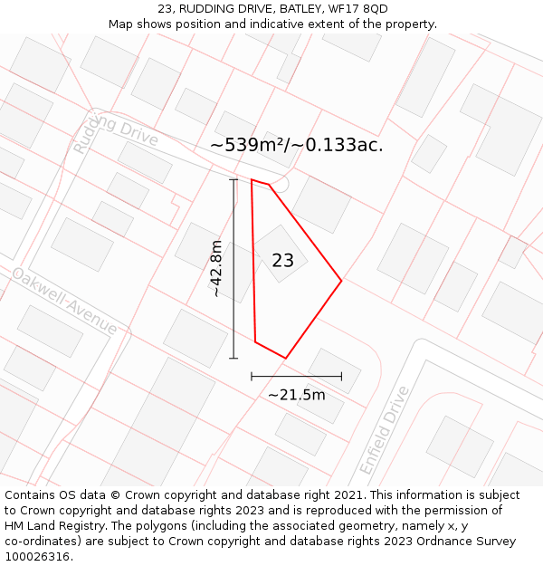 23, RUDDING DRIVE, BATLEY, WF17 8QD: Plot and title map