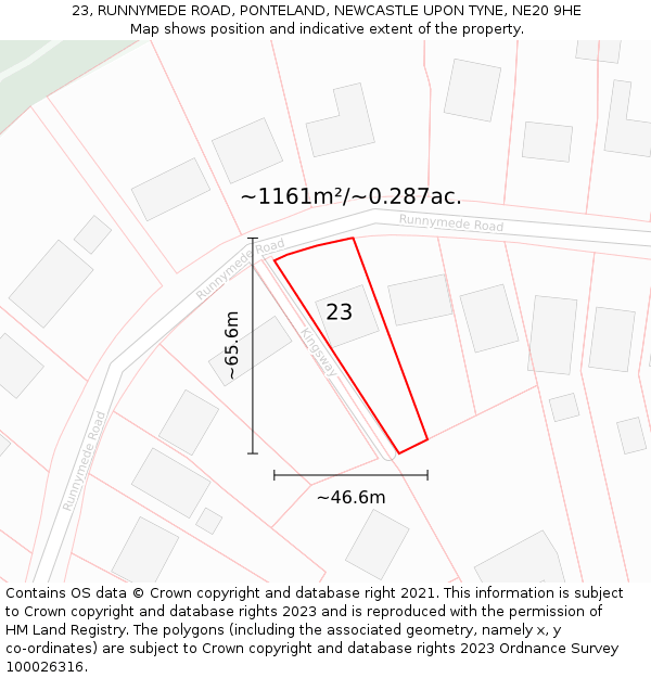 23, RUNNYMEDE ROAD, PONTELAND, NEWCASTLE UPON TYNE, NE20 9HE: Plot and title map