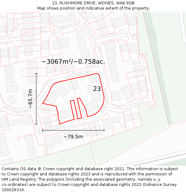 23, RUSHMORE DRIVE, WIDNES, WA8 9QB: Plot and title map