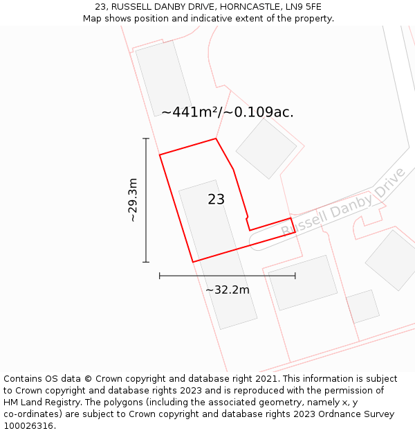 23, RUSSELL DANBY DRIVE, HORNCASTLE, LN9 5FE: Plot and title map