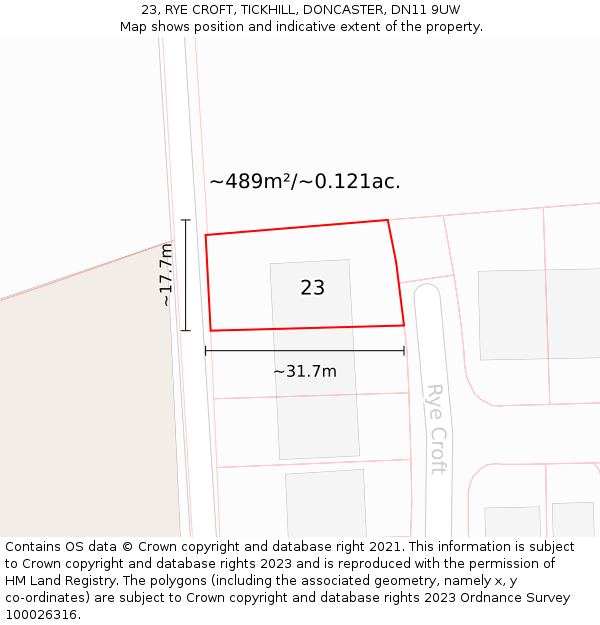 23, RYE CROFT, TICKHILL, DONCASTER, DN11 9UW: Plot and title map