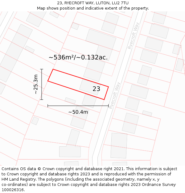 23, RYECROFT WAY, LUTON, LU2 7TU: Plot and title map
