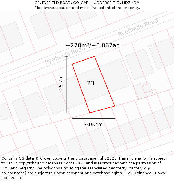 23, RYEFIELD ROAD, GOLCAR, HUDDERSFIELD, HD7 4DA: Plot and title map