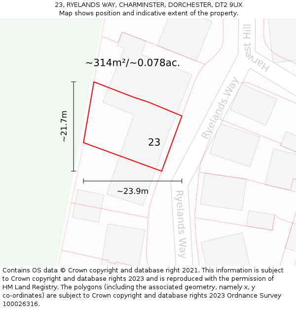 23, RYELANDS WAY, CHARMINSTER, DORCHESTER, DT2 9UX: Plot and title map
