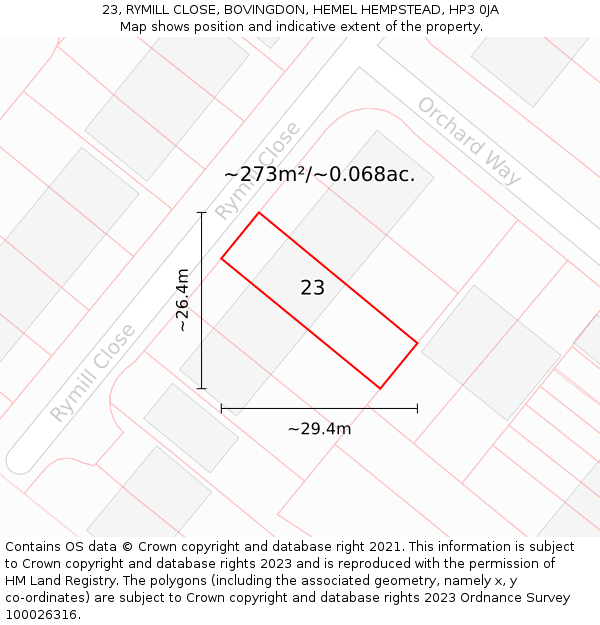 23, RYMILL CLOSE, BOVINGDON, HEMEL HEMPSTEAD, HP3 0JA: Plot and title map