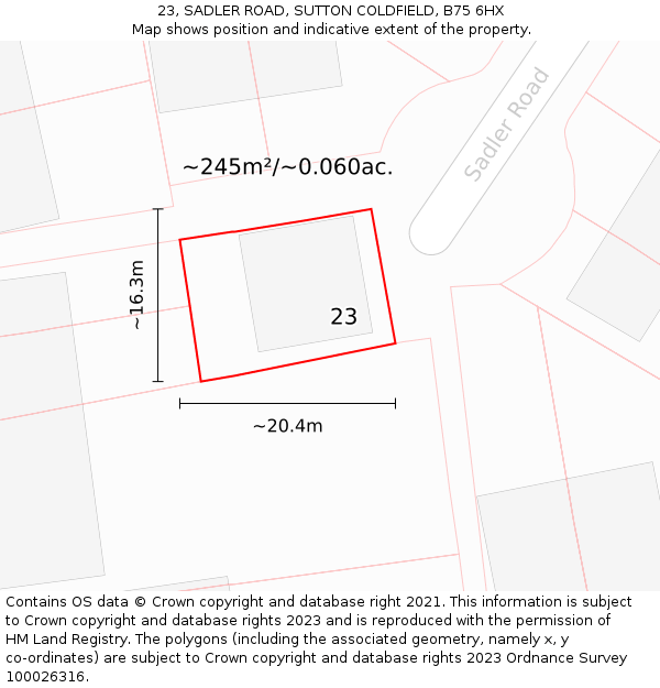 23, SADLER ROAD, SUTTON COLDFIELD, B75 6HX: Plot and title map