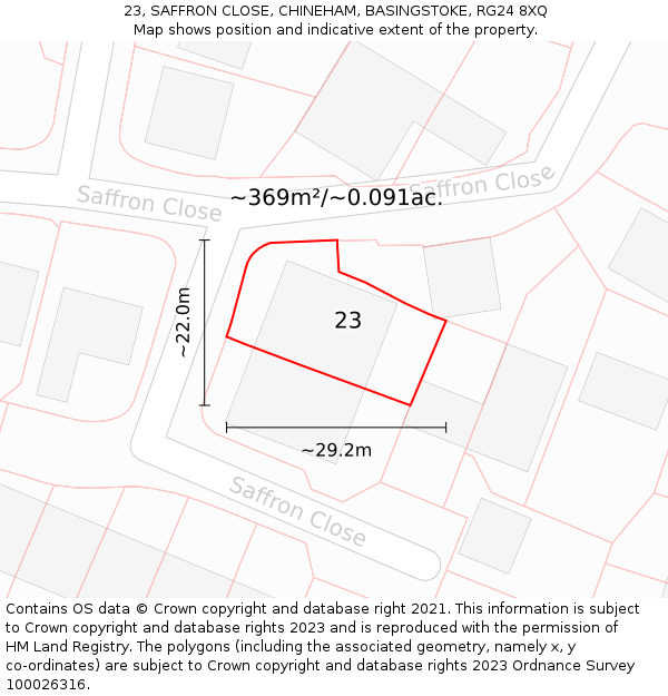 23, SAFFRON CLOSE, CHINEHAM, BASINGSTOKE, RG24 8XQ: Plot and title map