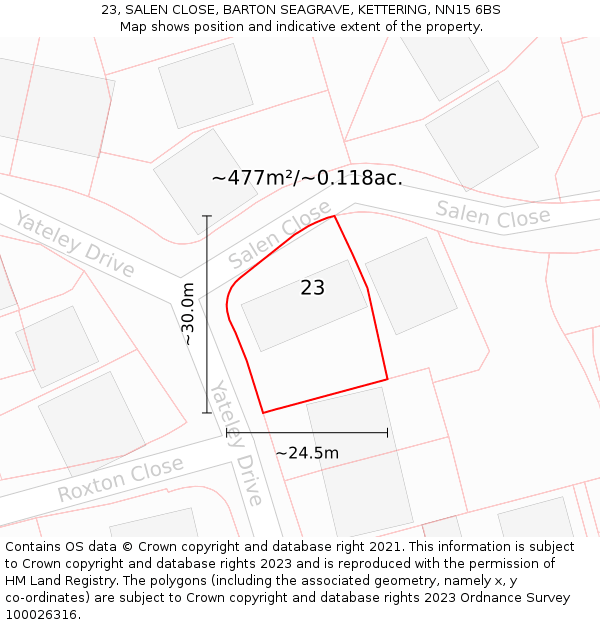 23, SALEN CLOSE, BARTON SEAGRAVE, KETTERING, NN15 6BS: Plot and title map