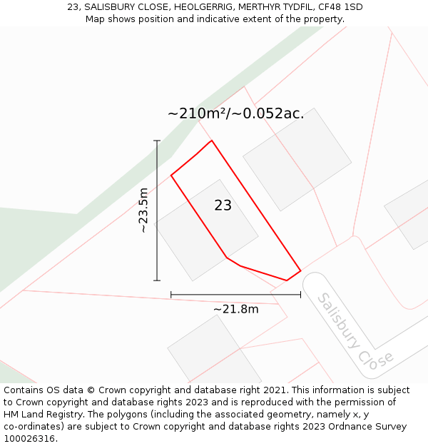 23, SALISBURY CLOSE, HEOLGERRIG, MERTHYR TYDFIL, CF48 1SD: Plot and title map
