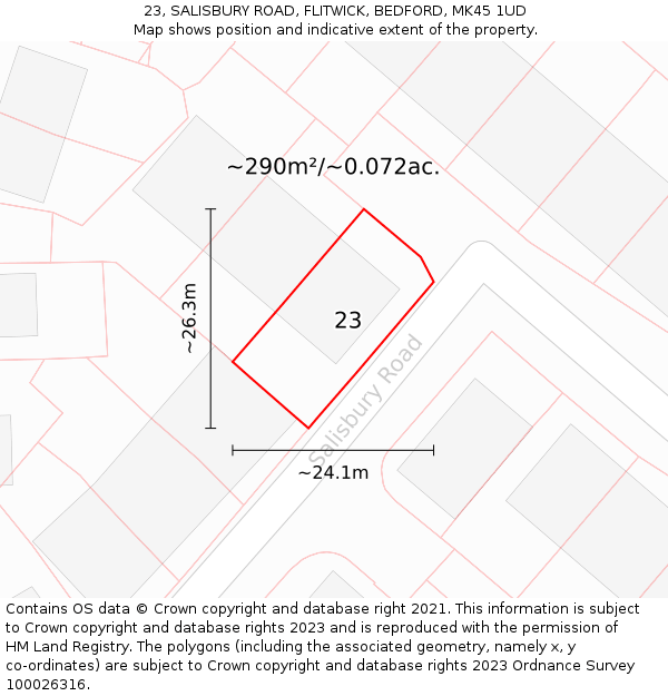 23, SALISBURY ROAD, FLITWICK, BEDFORD, MK45 1UD: Plot and title map
