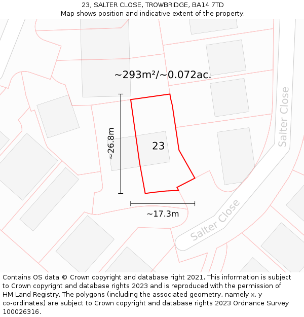 23, SALTER CLOSE, TROWBRIDGE, BA14 7TD: Plot and title map