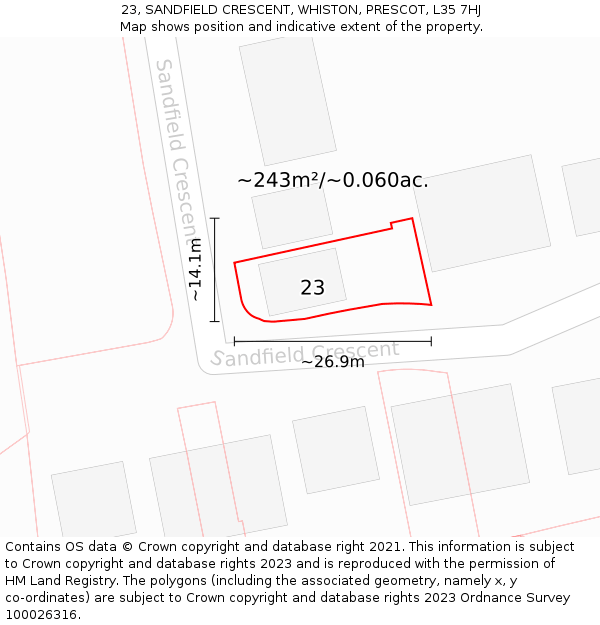 23, SANDFIELD CRESCENT, WHISTON, PRESCOT, L35 7HJ: Plot and title map