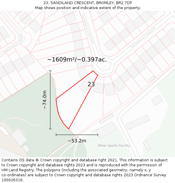 23, SANDILAND CRESCENT, BROMLEY, BR2 7DP: Plot and title map