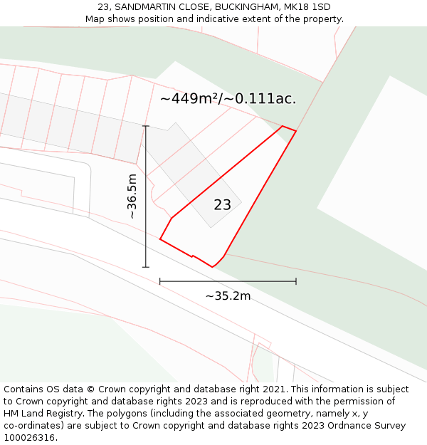 23, SANDMARTIN CLOSE, BUCKINGHAM, MK18 1SD: Plot and title map