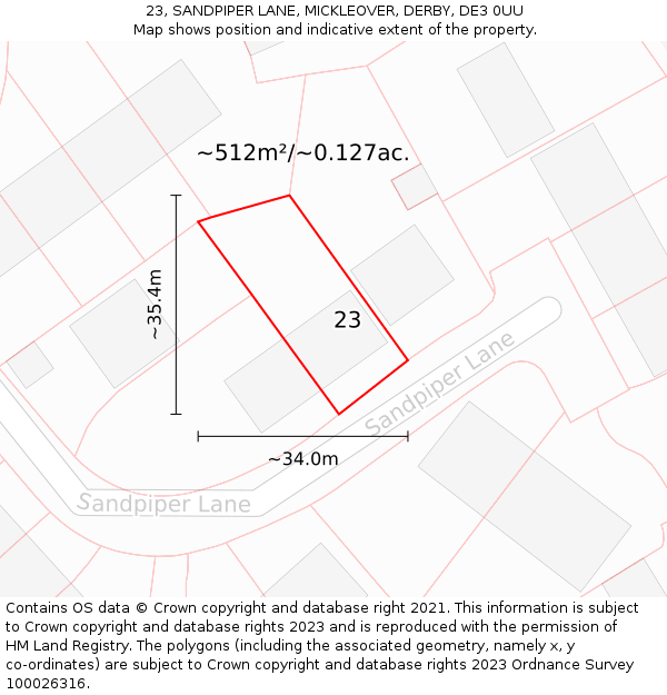 23, SANDPIPER LANE, MICKLEOVER, DERBY, DE3 0UU: Plot and title map