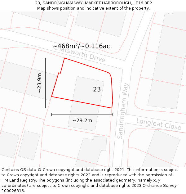 23, SANDRINGHAM WAY, MARKET HARBOROUGH, LE16 8EP: Plot and title map