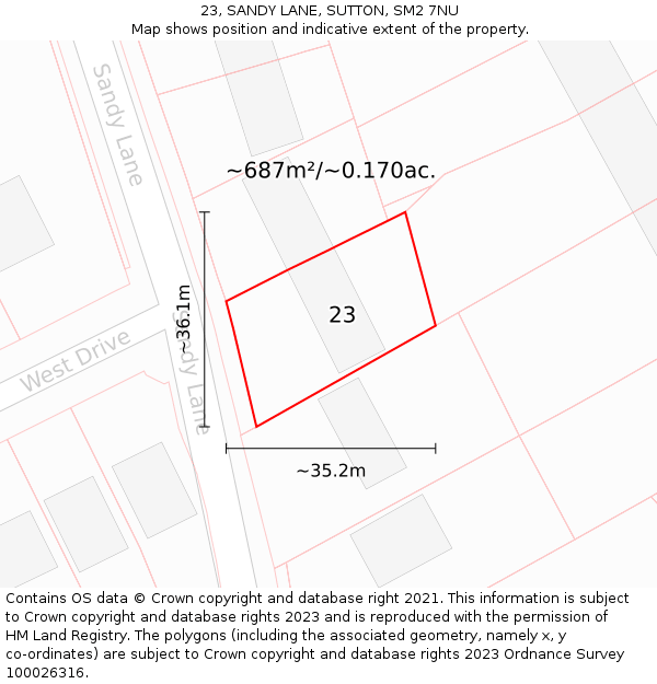 23, SANDY LANE, SUTTON, SM2 7NU: Plot and title map