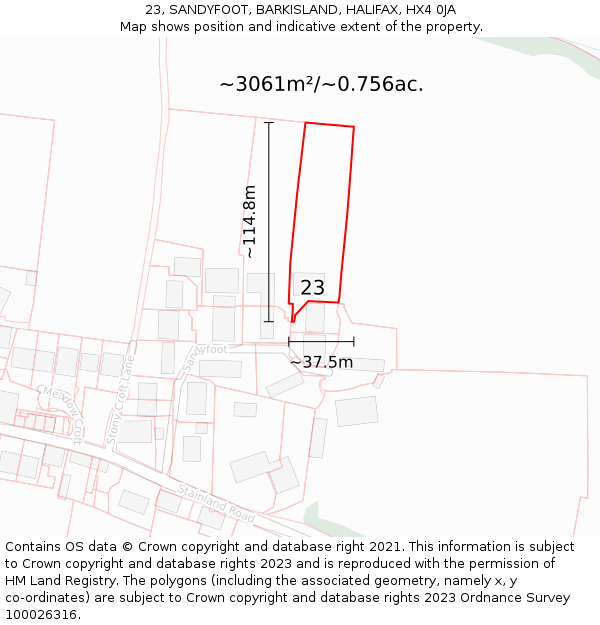 23, SANDYFOOT, BARKISLAND, HALIFAX, HX4 0JA: Plot and title map