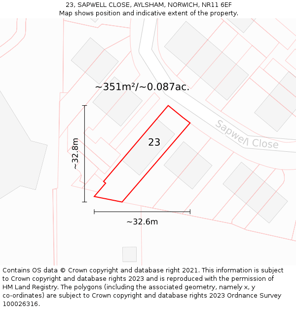 23, SAPWELL CLOSE, AYLSHAM, NORWICH, NR11 6EF: Plot and title map