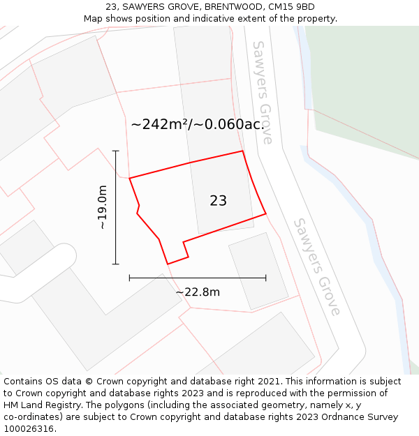 23, SAWYERS GROVE, BRENTWOOD, CM15 9BD: Plot and title map